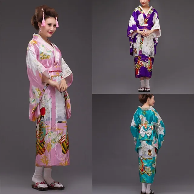 Lady Geisha Satin Kimono Floral Japanese Yukata Robe Cosplay Ethnic Costume Show