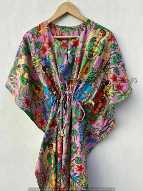 Indian Pink Frida Kahlo Print Cotton Hippie Maxi Women Nightwear Caftan Dress 2