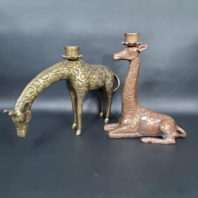 Vintage Pair Heavy Brass Giraffe Candlestick Holders