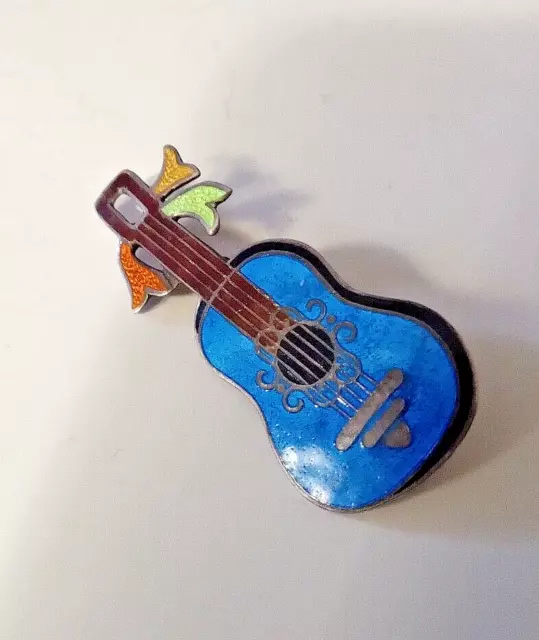 Vintage Jeronimo Fuentes Sterling & Enamel Guitar Brooch. 1 7/8" X 7/8"