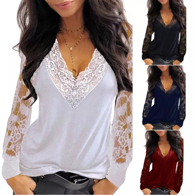 ⭐⭐⭐⭐⭐Women Winter Inner Lace V Neck T Shirt Loose Casual Blouse Long Sleeve Tops