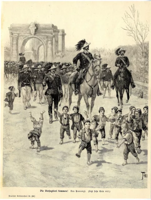 Panunzi ( Die Bersaglieri kommen ) Militärische Graphik von 1897