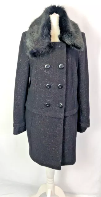 Black Per Una Coat UK 8 Wool Blend Double Breasted Winter Faux Fur Collar E1246