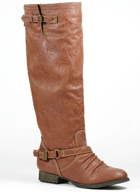 Rust Brown Faux Leather Zipper Buckle Riding Knee High Boots Breckelle Outlaw-11