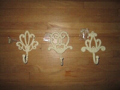 Set of 3 Off-White Distressed Rustic Farmhouse French Country 7" Cast Iron Hooks