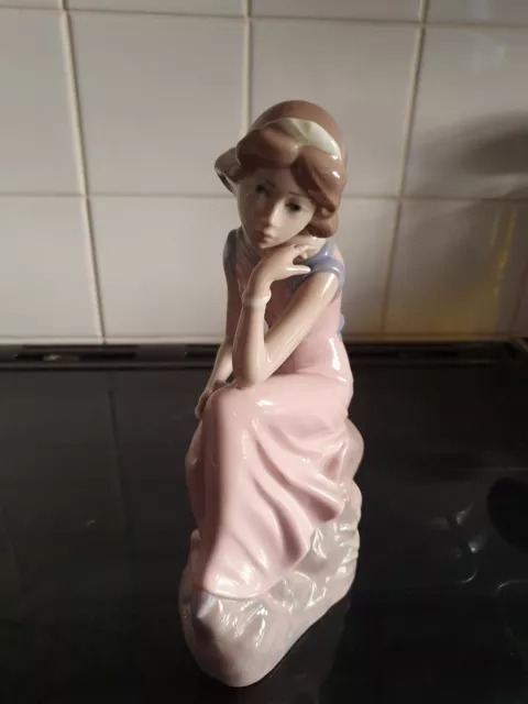 Lladro Style Cascades Porcelain Girl Figurine Sat On Rock Pink Dress 10.5"
