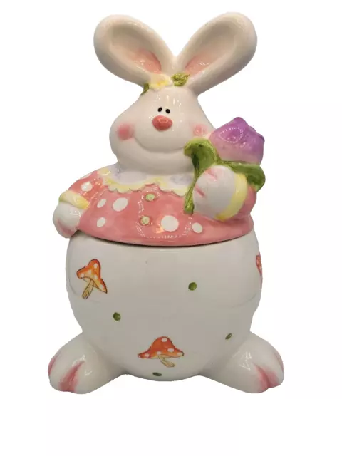 Easter Bunny Rabbit Cookie Jar Treat Holding Tulip And Mushrooms Spring 11.5" H