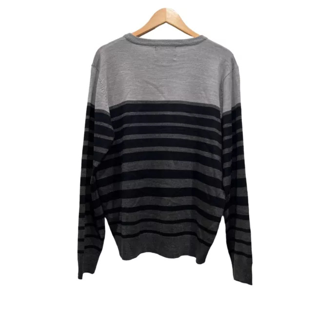 Yoki Knit Mens Size XL Crew Neck Sweater Grey Black Solid Stripes Pullover 2