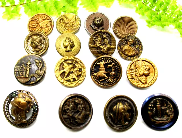 Lot Of 16 Victorian Metal Picture Buttons C21