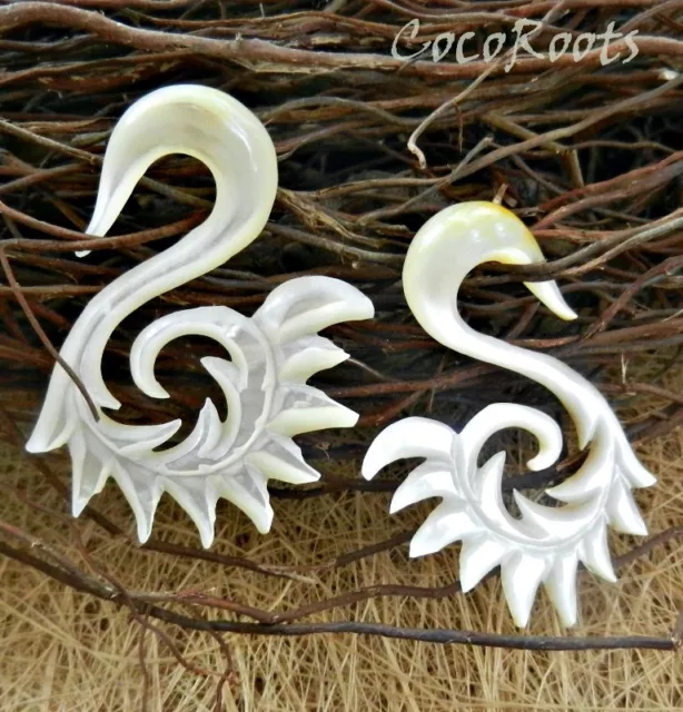 Ear Gauge Sea Shell Carved MOP Expander Piercing Hook Organic Tribal Stretcher