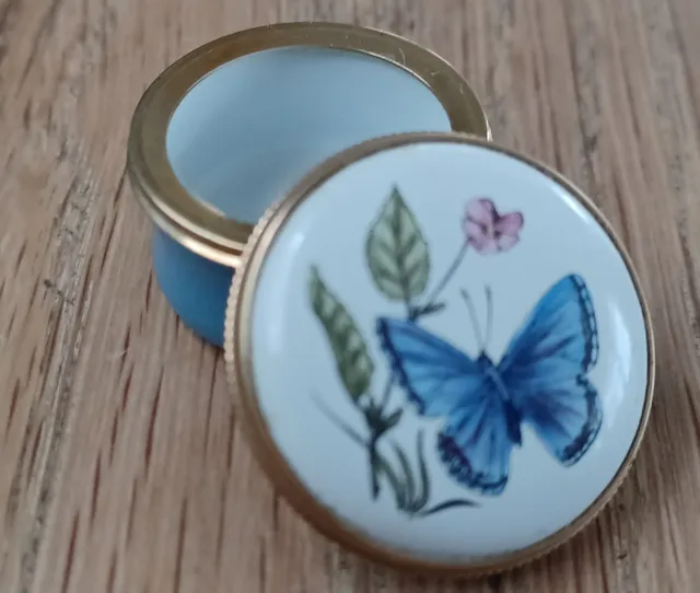 Crummles & Co Hand Painted Enamel Butterfly Floral Pill Box VGC