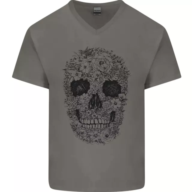 A Skull Made of Flowers Gothic Rock Biker Mens V-Neck Cotton T-Shirt