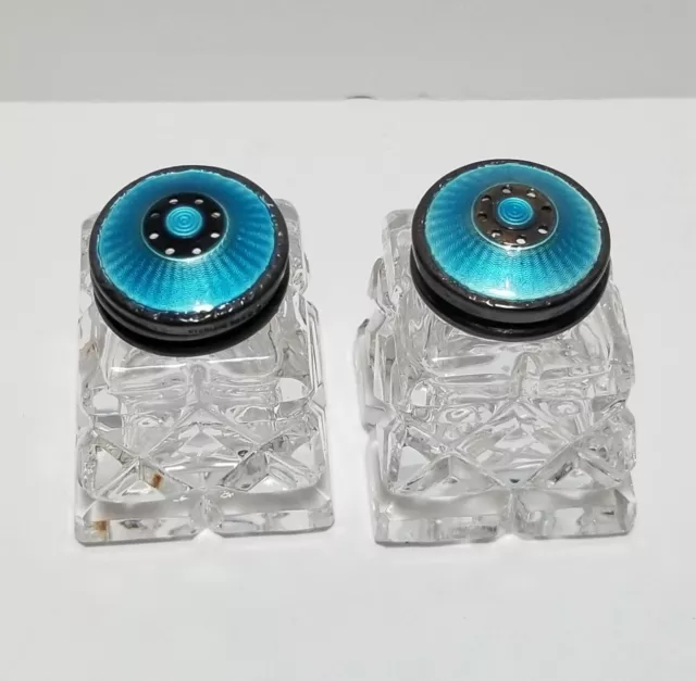 Vintage Hroar Norway Guilloche Sterling Silver Salt & Pepper Shaker Aqua Green