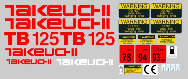 Takeuchi Tb125 Mini Digger  Decal Sticker Set With Safety Warning Signs