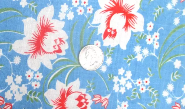 Vintage Partial Feedsack: Pretty Blue with White Flowers, Red Accents