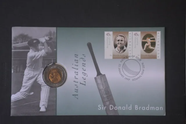 1997 Australian Legends Sir Donald Bradman $5.00 Coin and Stamps Australia Post