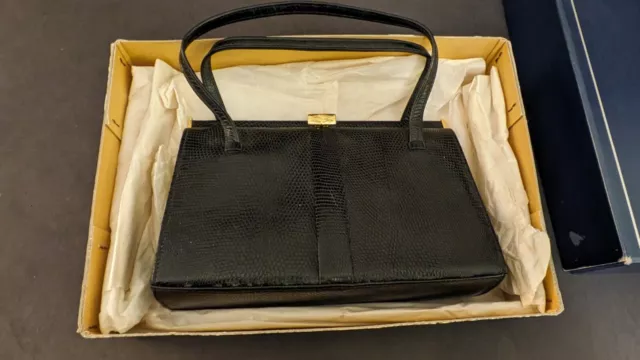 1950's Vintage Mappin And Webb Black Lizard Skin Handbag