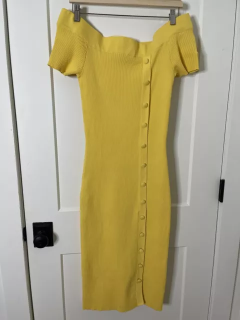 Eva Mendes Dress Women’s Size M Yellow Stretch Midi Knit Off Shoulder NWOT