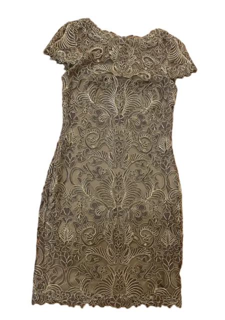 Tadashi Shoji Illusion Yoke Lace Sheath Dress Women’s Size 4 Gold Short Sleeve