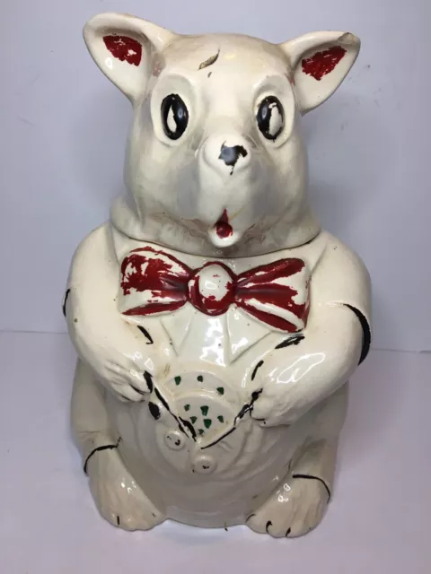 VINTAGE MCCOY POTTERY 1940's White Bowtie Bear Holding Cookie 10 1/4 ...