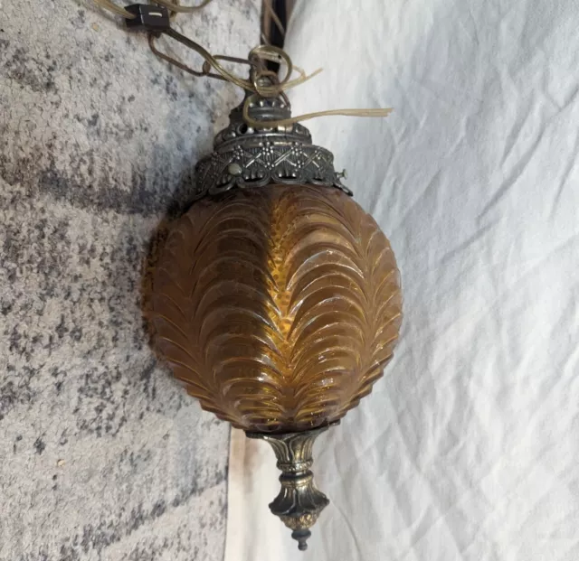 Vintage MCM Amber Glass Globe Hanging Hollywood Regency Swag Lamp Disco