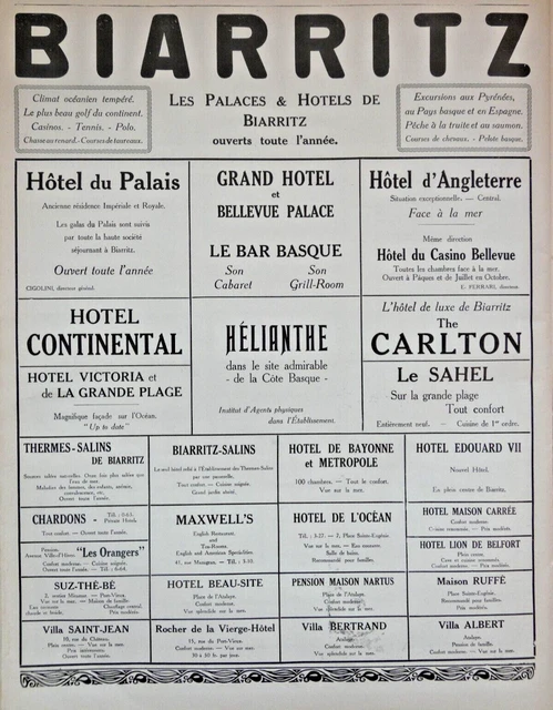 Publicité De Presse 1926 Les Palaces Et Hotels De Biarritz Carlton Hélianthe