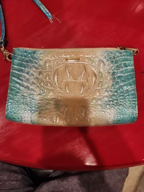 Brahmin Melbourne DAISY Large Zip Wristlet Clutch OCEAN OMBRE Tan Aqua Blue NWT