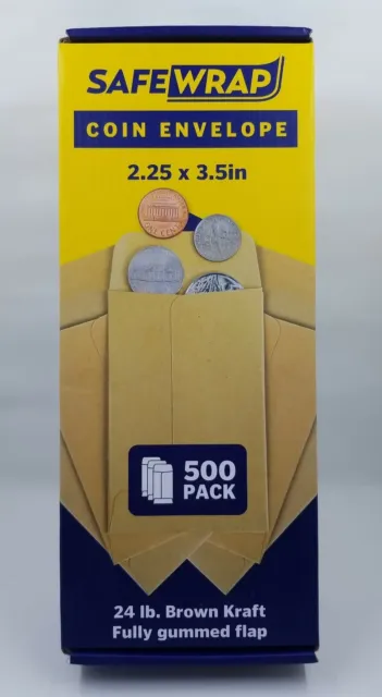 500 safewrap COIN CHANGE ENVELOPES  2.25"× 3.5" Brown Kraft Fully Gummed Flap 1L