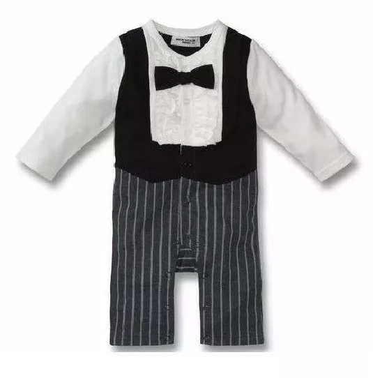 Baby Boy Formal Tuxedo Real Bow & Ruffles Romper Outfit LONG SLEEVE 6-12m size 0