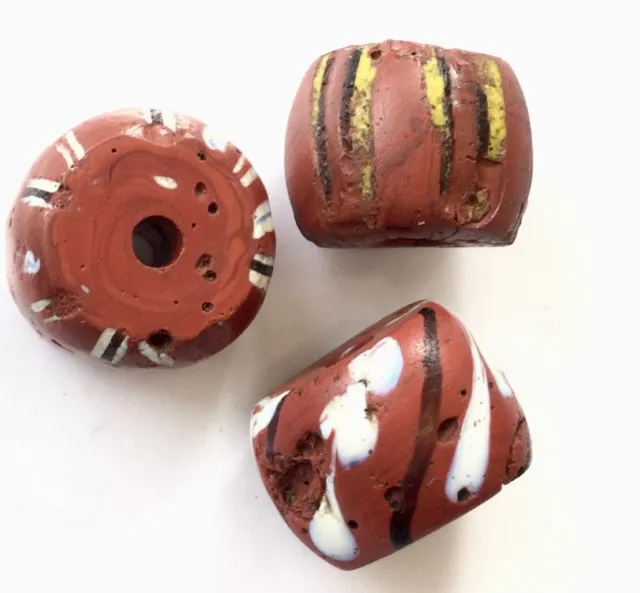 3 Fine old Venetian Antique Brick Red Wound African Glass Trade beads-Ghana
