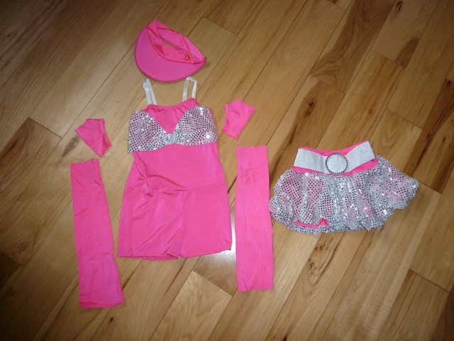 Pink Unitard Silver Sequin Skirt Gloves Leg Bands Visor Size CME 8 Dance Costume