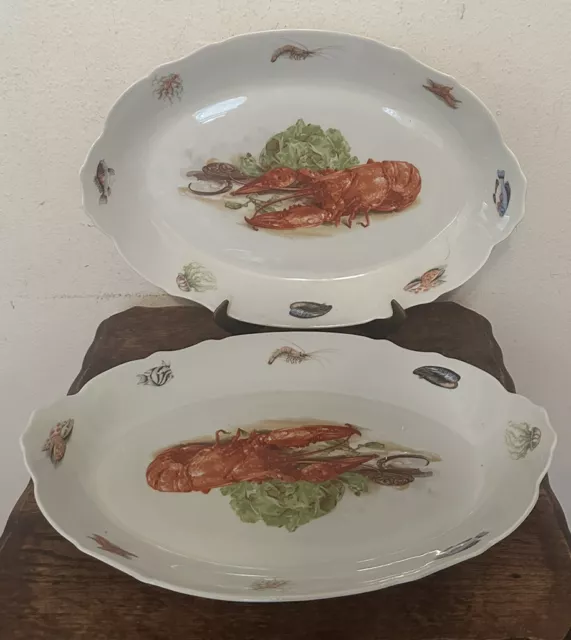 PAIR VTG Signed French Porcelain Oval Serving Platter- Seafood Lobster, 15.75"