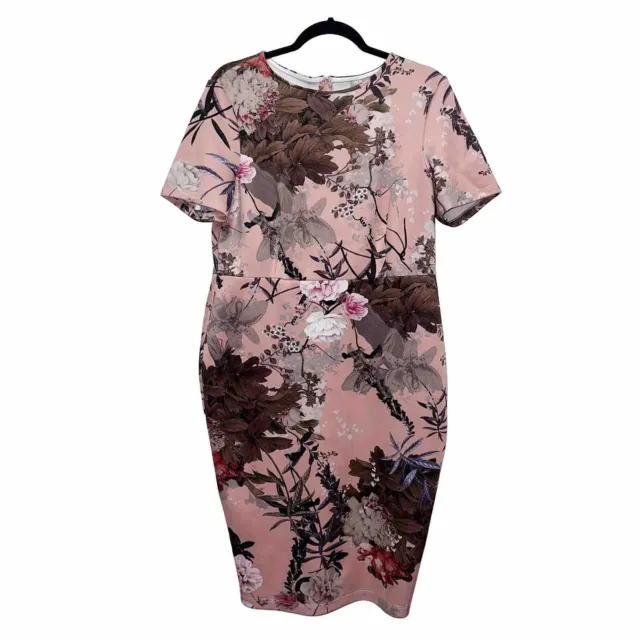 Asos Pink Floral Short Sleeve Midi Sheath Dress Womens Size 14