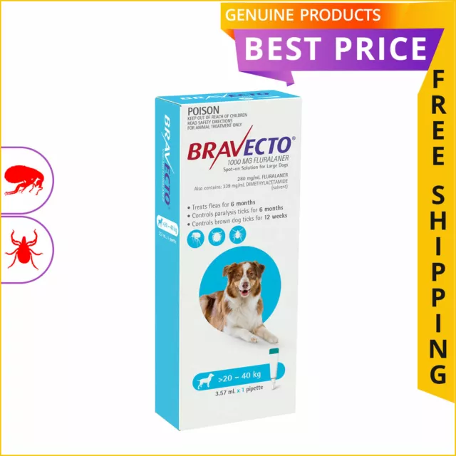 BRAVECTO Spot On Flea Tick Prevention for Dogs 1 Dose 20 to 40 Kg BLUE