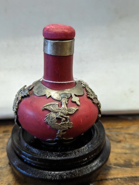 Snuff Bottle Ceramic With Pewter Dragon & Phoenix Filigree And Stamped Signature