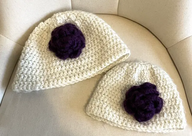 Crochet Hat Set Mommy and Me Toddler Flower Ivory Purple Cream Hand Knit Soft