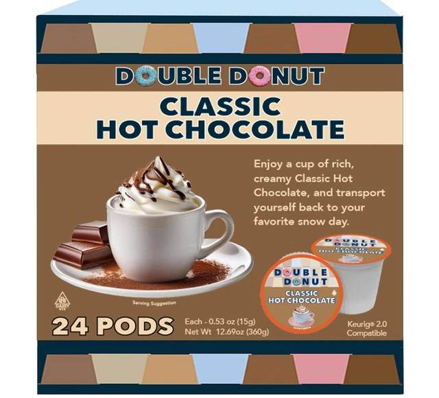DOUBLE DONUT HOT Chocolate Pods for Keurig K Cups Brewers, Single Serve