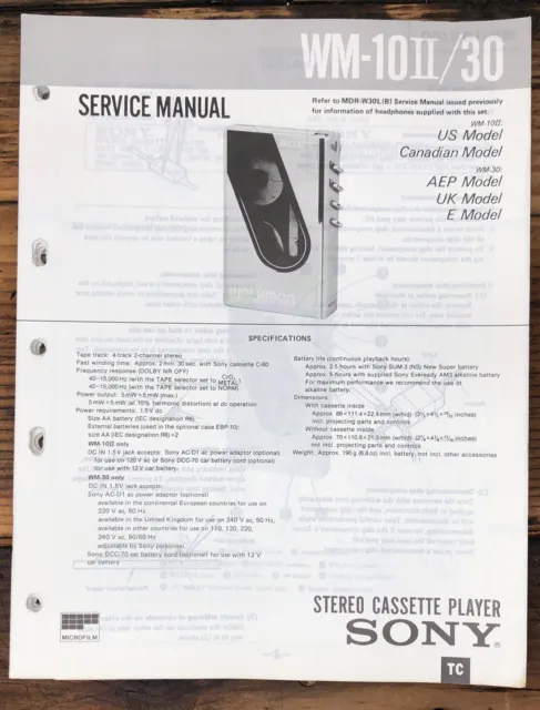 Sony WM-10 II WM-30 Radio Cassette  Service Manual *Original*