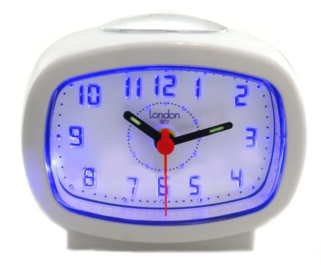 London 1872 Quartz Beep Alarm Clock White Brent Easy Read Dial Light Snooze