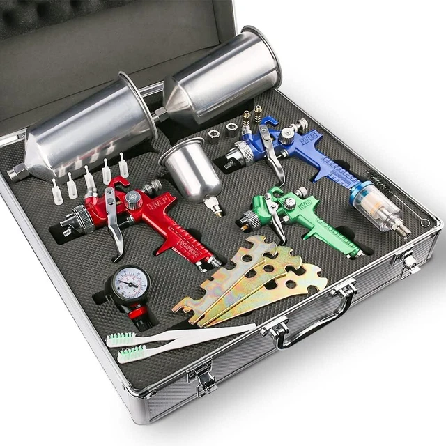 3 HVLP AIR Spray Gun Case Kit Auto Paint Primer Topcoat Detail
