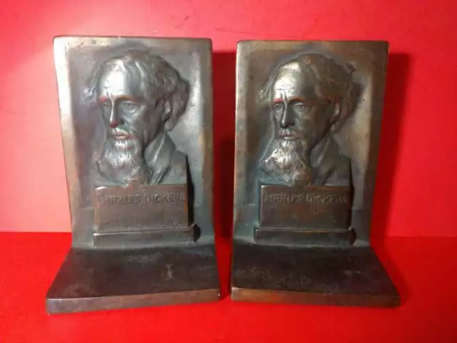 ANTIQUE CHARLES DICKENS CAST IRON BRONZE STATUE BUST BOOKENDS 1920's