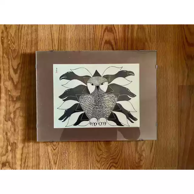 Vintage 1972 Framed Print Inuit Artist Kenojuak Ashevak, “Owls, Ravens and Dog”,