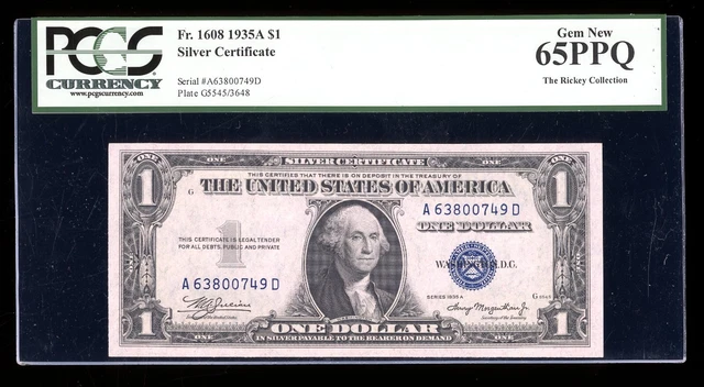 DBR 1935-A $1 Silver Gem Fr. 1608 AD Block PCGS 65 PPQ Serial A63800749D