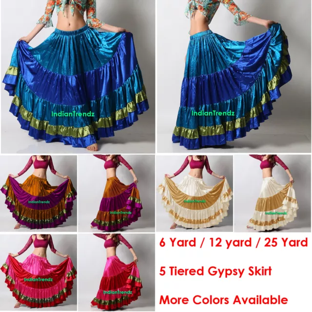 Mix Color Satin 6/12/25 Yard Tiered Gypsy Skirt Belly Dance Ruffle Flamenco Jupe