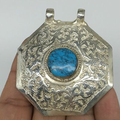 1pc, 2.4"x2.1"x0.6",  Turkmen Pendant Blue Turquoise Inlay Handmade @Afghanistan
