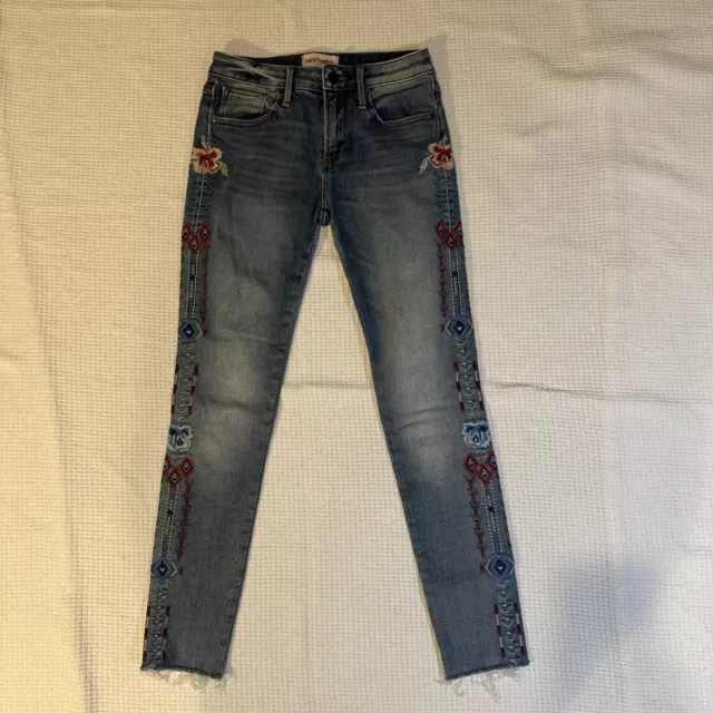 Driftwood Jeans Women 24x28 Blue Denim Skinny Ankle Embroidered Aztec Stretch