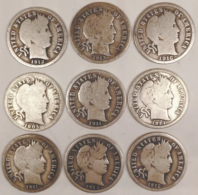 Barber Dimes Lot of 9 assorted, including 1914S