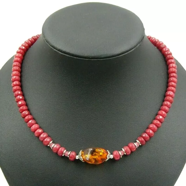 BAILYSBEADS edle designer Rubin & Rhodochrosite Collier Halskette mit Bernstein