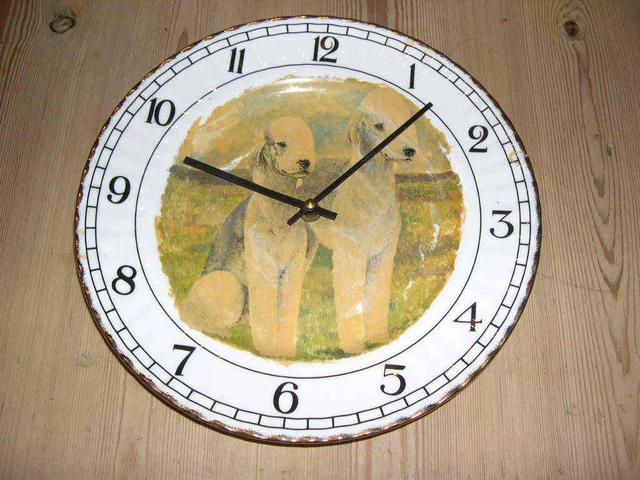 Antique Bedlington Terrier Dog Plate Clock Orig Oil Painting Signed V Rainsbury