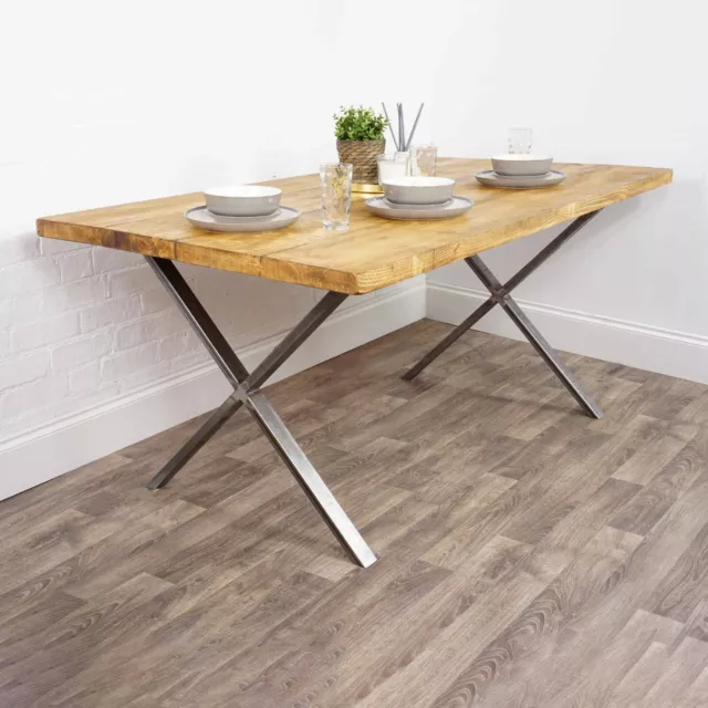 Dining Table Wooden Solid Kitchen Oak Style Furniture Metal X Style Steel Legs